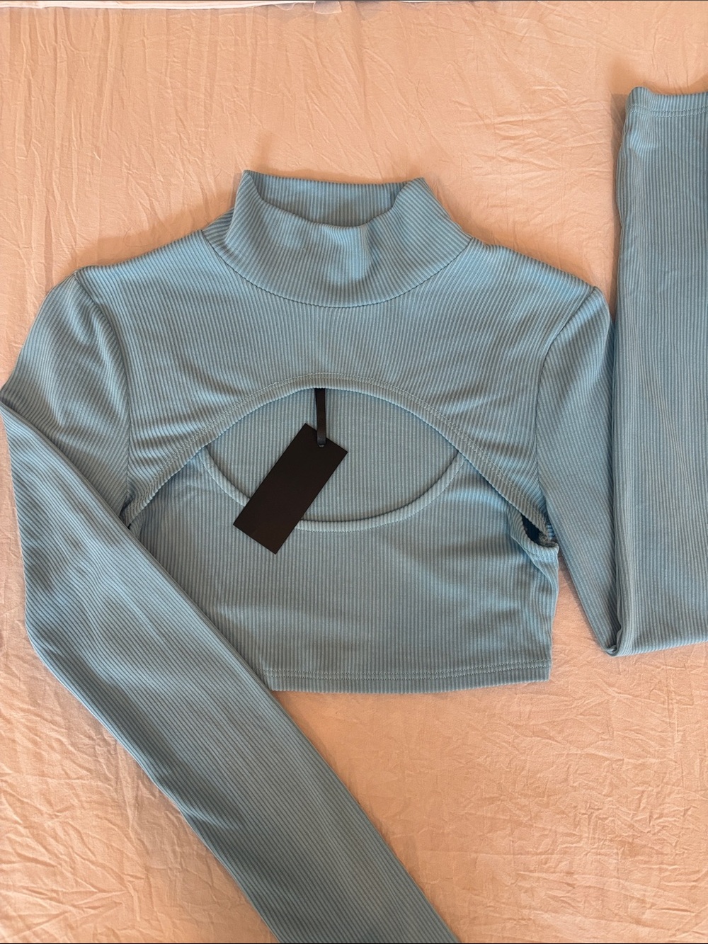 h:ours Sky Blue Ribbed Long-Sleeve Cutout Crop Top